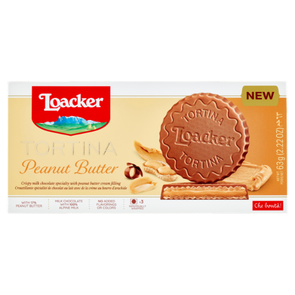 Loacker Tortina Peanut Butter Wafer ricoperto di cioccolato al latte con crema alle arachidi 21gx3