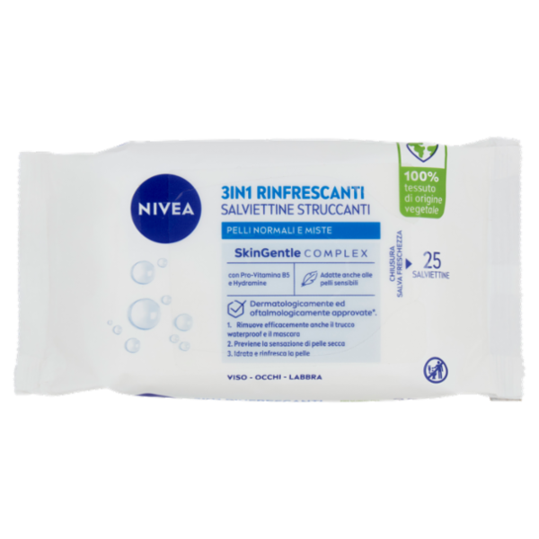 Nivea 3in1 Rinfrescanti Salviettine Struccanti Pelli Normali e Miste 25 pz