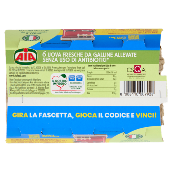 Aia 6 Uova Fresche da allevamento a Terra da Galline Allevate Senza Uso di Antibiotici* 330 g
