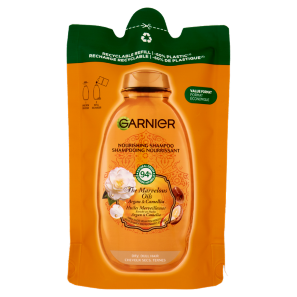 Garnier Ultra Oli Meravigliosi Argan & Camelia, Eco-ricarica Shampoo Nutriente Capelli Secchi, 250ml