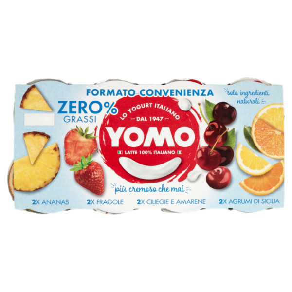 Yomo Yogurt Zero% Grassi Ananas, Fragole, Ciliegie e Amarene, Agrumi di Sicilia 8 x 125 g
