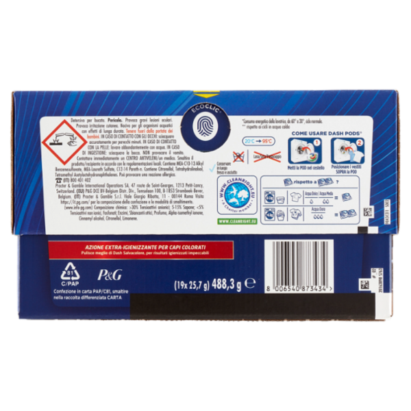 Dash Power Pods Detersivo Lavatrice Capsule, Azione Extra-Igienizzante Colorati, 19 Lavaggi 488,3 g
