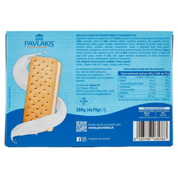 Pavlakis Bisco Gelato Ripieno di Buonissimo Gelato di Yogurt Greco 4 x 70 g