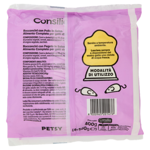 Consilia Petsy Bocconcini per Gatto Adulto Sterilizzato in Salsa 2 Pollo e 2 Fegato 4x100 g
