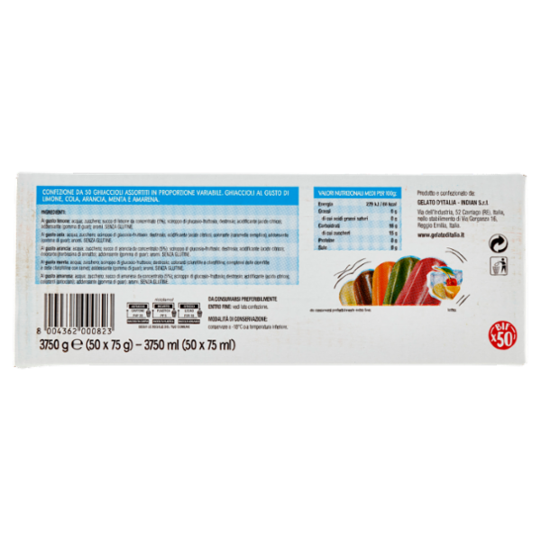 indianino Ghiaccioli ai gusti di Limone, Cola, Arancia, Menta e Amarena 50 x 75 g