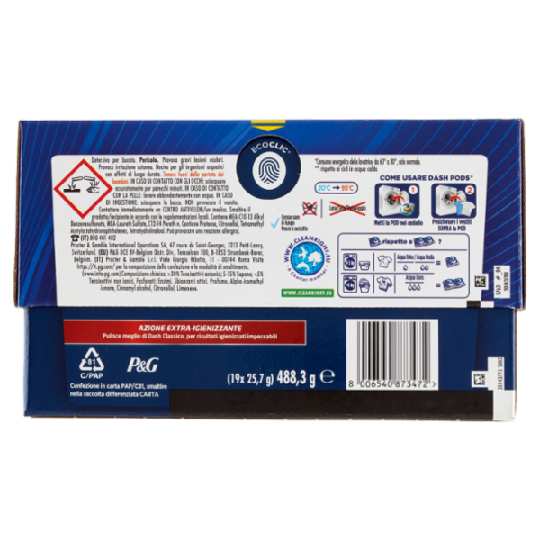 Dash Power Pods Detersivo Lavatrice In Capsule, Azione Extra-Igienizzante, 19 Lavaggi 488,3 g