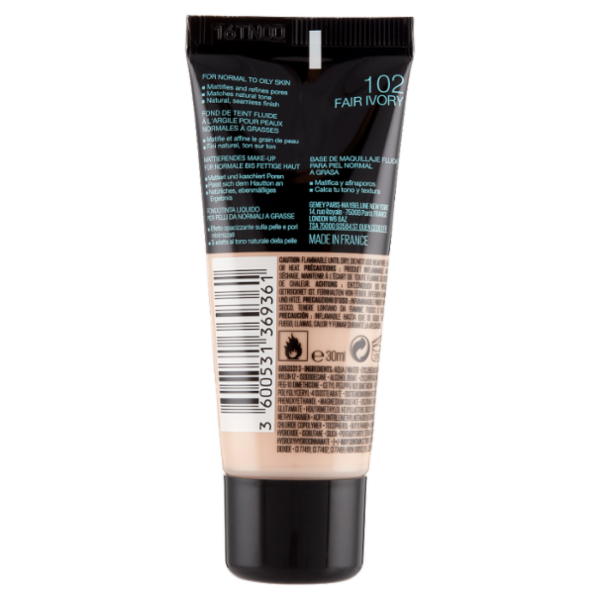 Maybelline New York Fondotinta Fit Me Matte&Poreless, Finish Opacizzante, 102 Fair Ivory