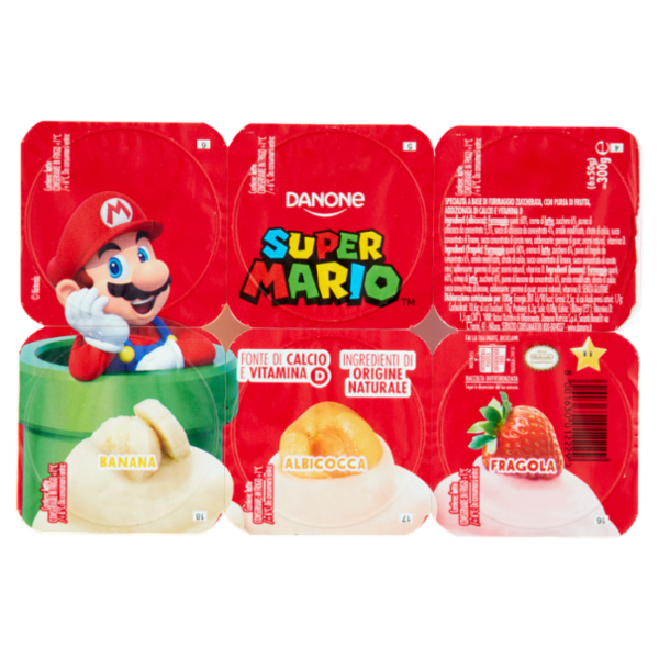 Danone Supermario, Merenda base formaggio, gusto Banana/Frag/Albicocca,fonte di Calcio, 6x50g