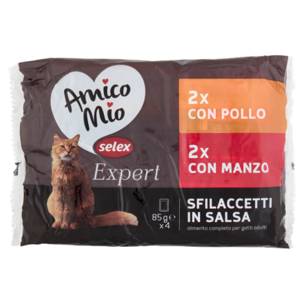 Selex Amico Mio Expert Gatto Sfilaccetti in Salsa 2 con Pollo e 2 con Manzo 4x85 g