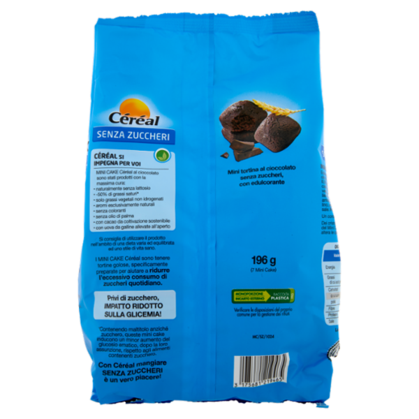 Céréal, Mini Cake gusto Cioccolato, Senza Zuccheri, Senza Lattosio, Senza Olio di Palma - 7x28 g