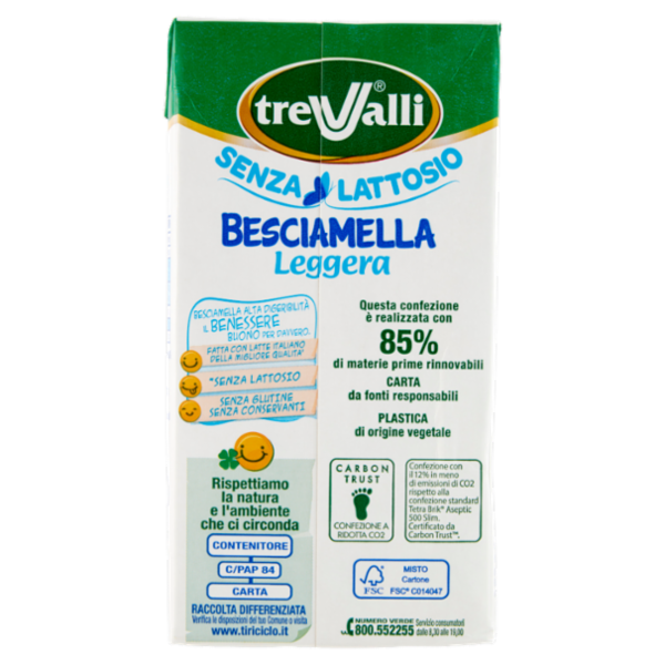 treValli Senza Lattosio Besciamella Leggera Alta Digeribilità 500 ml