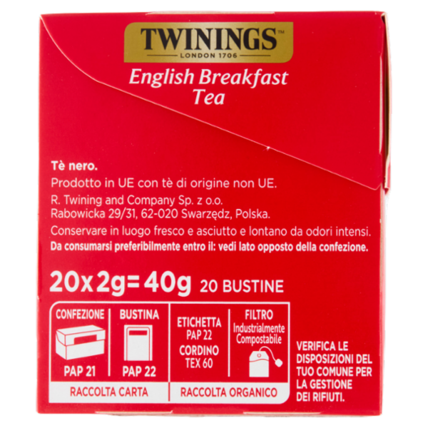 Twinings English Breakfast Tea Tè Nero 20 filtri The 40 g