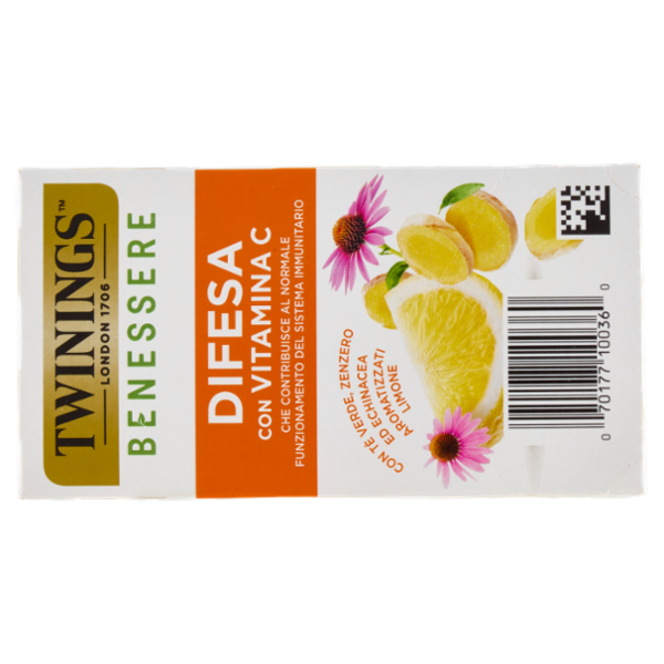 Twinings Benessere Difesa Tisana e Tè Verde, Zenzero aromatizzati Limone Vitamina C 18 filtri 36 g