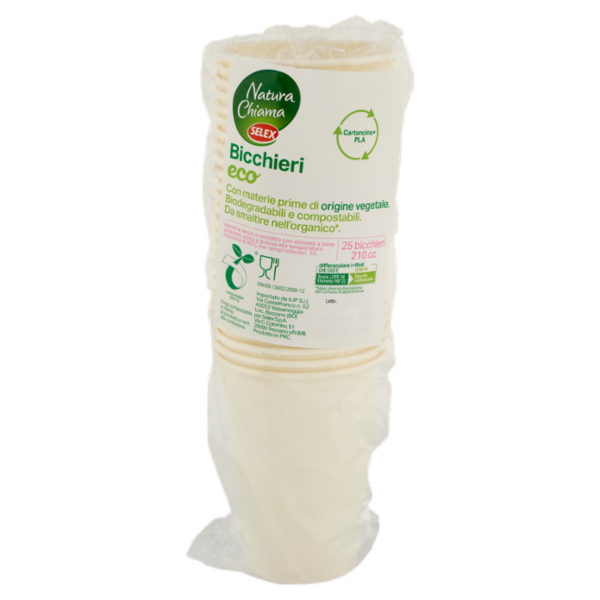 Selex Natura Chiama Bicchieri in Cartoncino Eco Biodegradabili e Compostabili 210 cc 25 pezzi