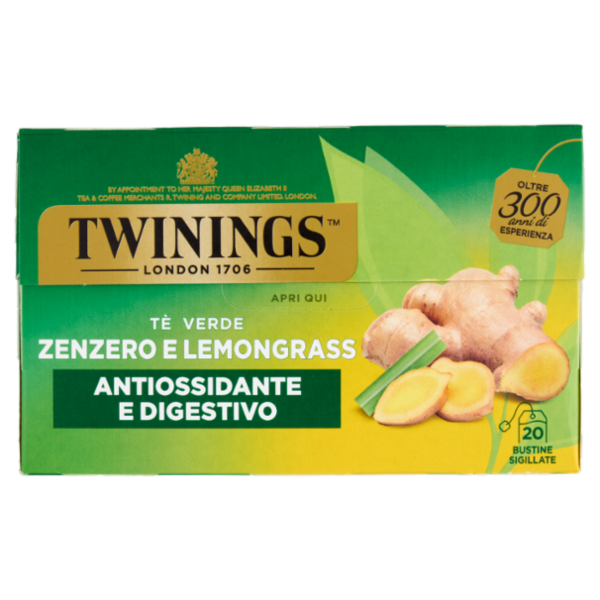 Twinings Zenzero e Lemongrass Tè Verde aromatizzato Antiossidante e Digestivo 20 filtri The 40 g