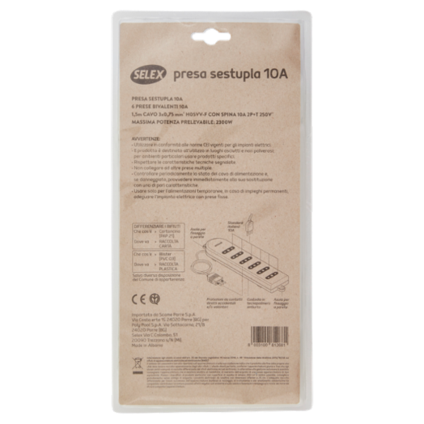 Selex Presa Multipla 6 Uscite 10A(Ita) + Spina 10A e Cavo Bianco 1,5 m