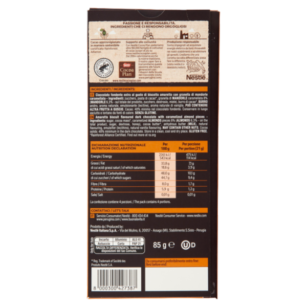PERUGINA NERO Amaretto Tavoletta Cioccolato Fondente Extra 85g