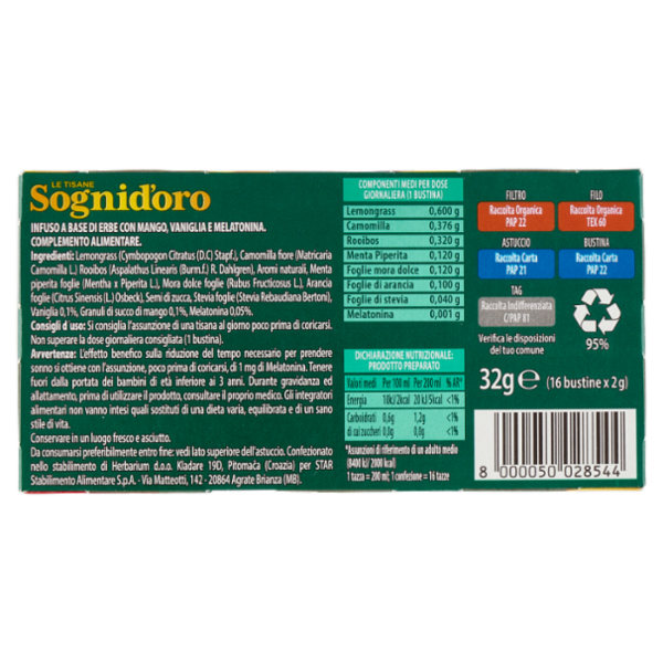 Sognid'oro le Tisane Melatonina con Mango e Vaniglia + 1 mg di Melatonina bustine 16 x 2 g