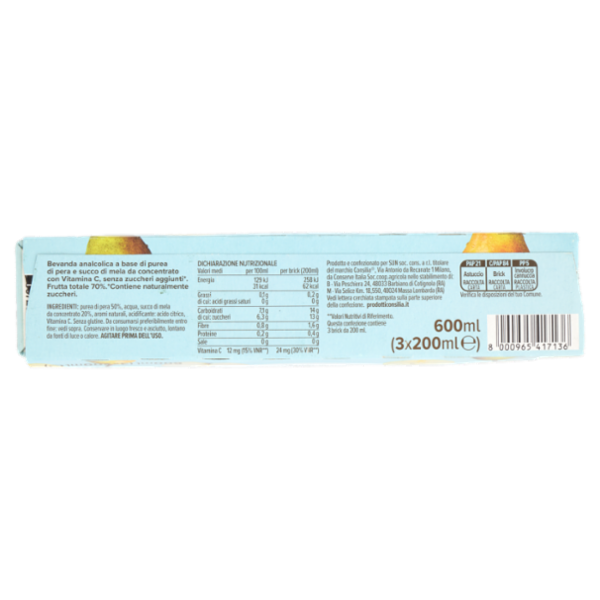 Consilia Succo e Polpa di Pera con Mela senza Zuccheri Aggiunti 3x200 ml