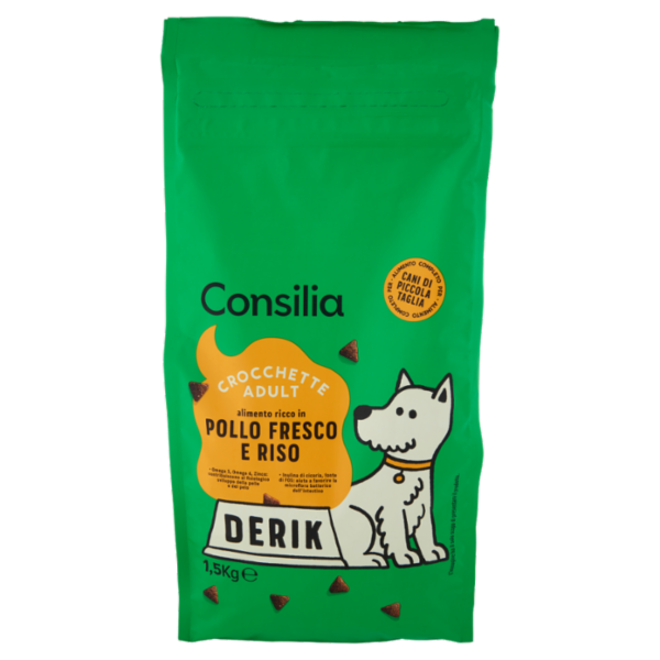 Consilia Derik Cane Adulto di Taglia Piccola Crocchette con Pollo Fresco e Riso 1,5 kg