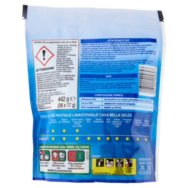 Selex Casa Bella Detersivo per Lavastoviglie Pastiglie Tutto in 1 al Limone 26x17 g