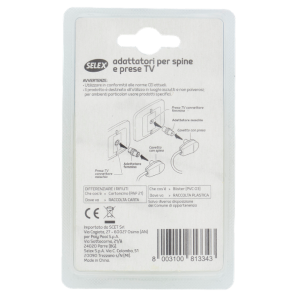 Selex Adattatore Spine Tv + Adattatore Prese Tv Diametro 9,5 mm Argento