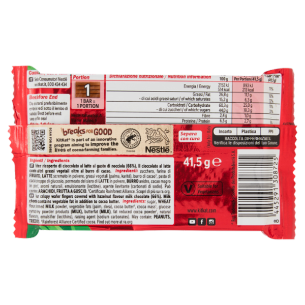 KITKAT Hazelnut Wafer ricoperto di Cioccolato al Latte al gusto Nocciola Snack da 41,5g