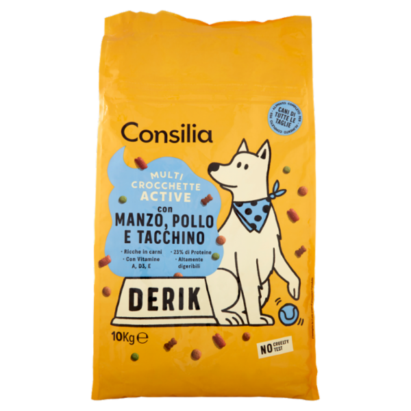 Consilia Derik Cane Multi Crocchette Active con Manzo, Pollo e Tacchino 10 kg