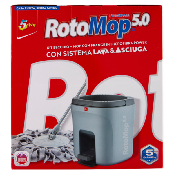 Super5 RotoMop 5.0 Kit Secchio + Mop con Frange in Microfibra Power con Sistema Lava & Asciuga