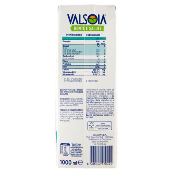 Valsoia Bontà e Salute Riso Drink Zero Zuccheri 1000 ml