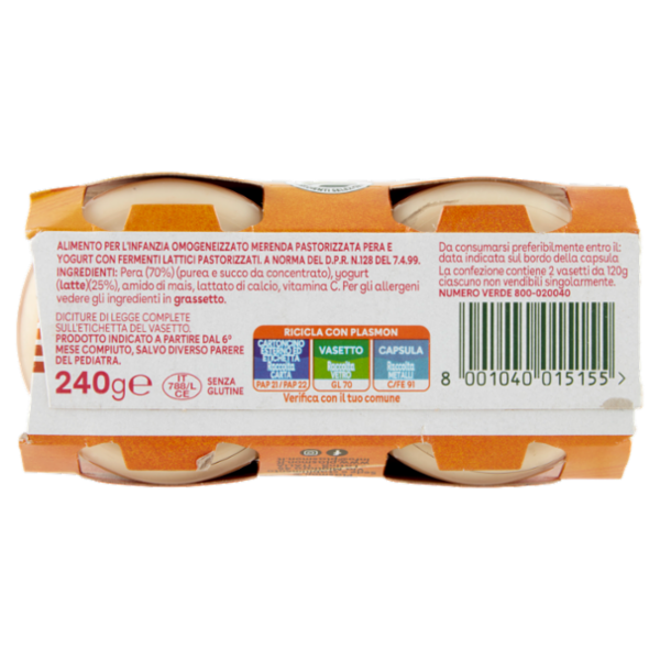 Plasmon Omogeneizzato con fermenti lattici pastorizzati Pera e Yogurt 2 x 120 g