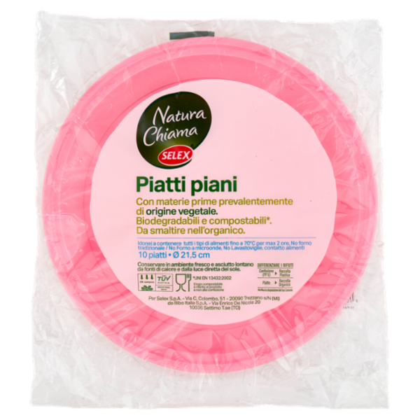 Selex Natura Chiama Piatti Piani Biodegradabili e Compostabili Ecologici Rosa 10 pezzi