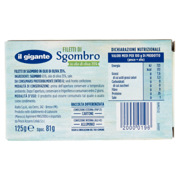 IL GIGANTE Filetti di Sgombro in olio di oliva 35% 125 g