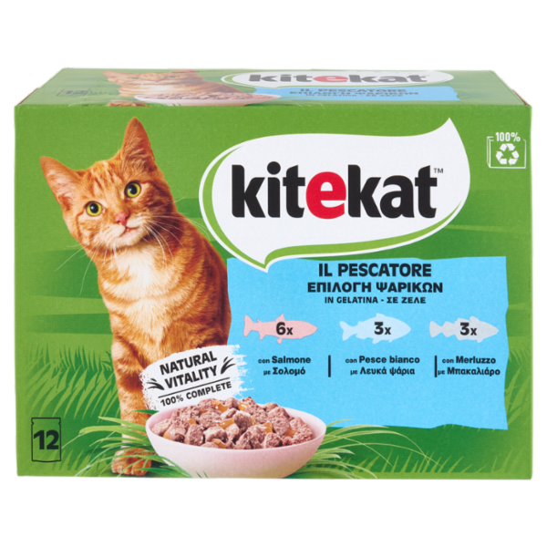 Kitekat Pescatore Cibo Umido Gatto in Gelatina con Salmone, con Pesce bianco, con Merluzzo 12 x 85 g