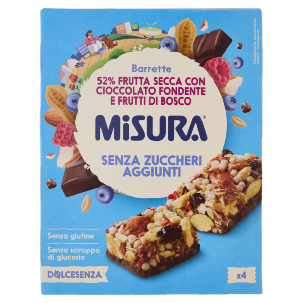 Misura Dolcesenza Barrette 52% Frutta Secca con Cioccolato Fondente e Frutti di Bosco 4 x 30 g