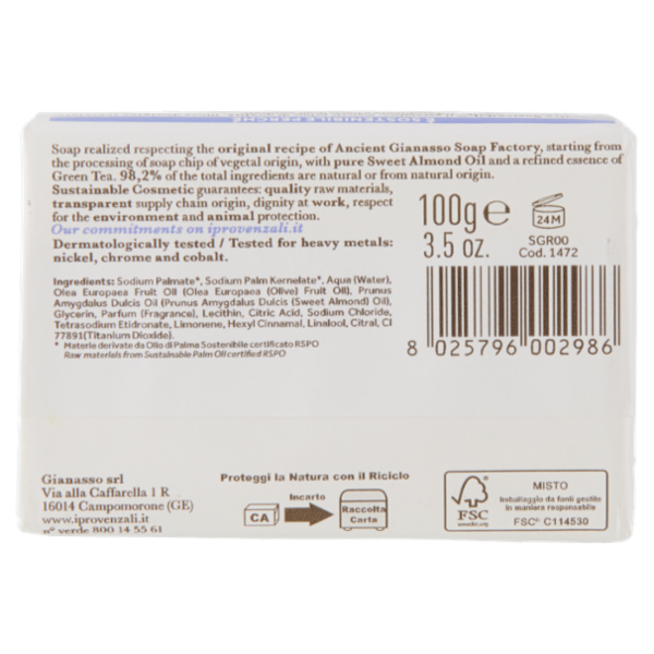 I Provenzali Sapone Vegetale Mandorle Dolci al profumo di Tè Verde 100 g