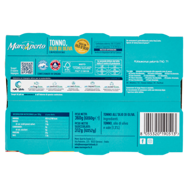 Mare Aperto Tonno con solo un filo d'olio 6 x 60 g
