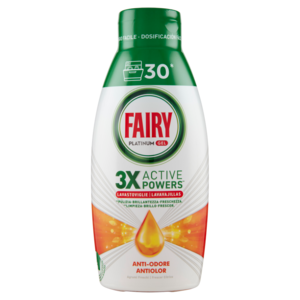 Fairy Gel Lavastoviglie Platinum AntiOdore, Detersivo Piatti Profumo Agrumi Freschi 30 Lavaggi 600ml