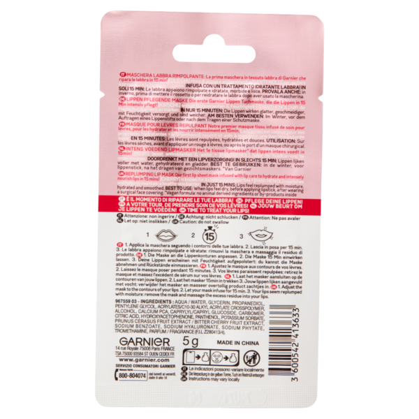 Garnier SkinActive Maschera in Tessuto Labbra Rimpolpante alla Ciliegia