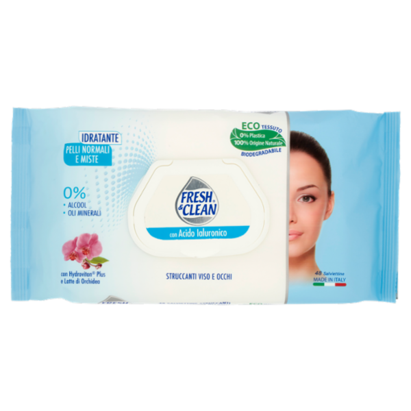 Fresh & Clean con Acido Ialuronico Salviettine Struccanti Viso e Occhi Pelli Normali e Miste 48 pz