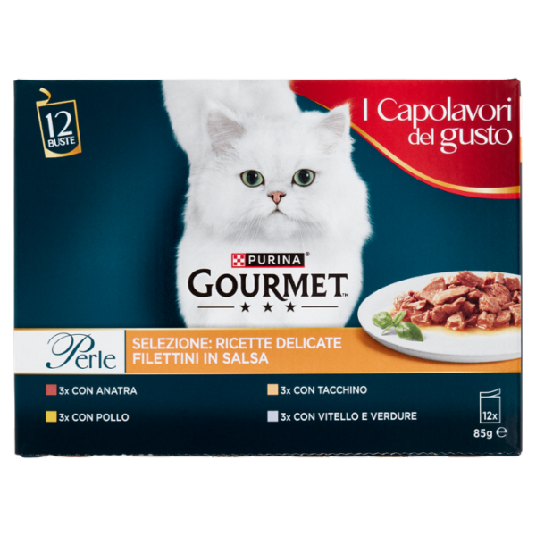 PURINA GOURMET Perle Ricette Delicate Filettini in Salsa Anatra, Pollo, Tacchino, Vitello 12x85g