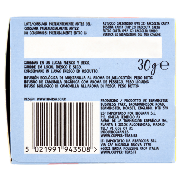 CUPPER Infuso Biologico Camomilla e Pesca, Tisana Rilassante Fruttata e Delicata, 20 Bustine 30 g