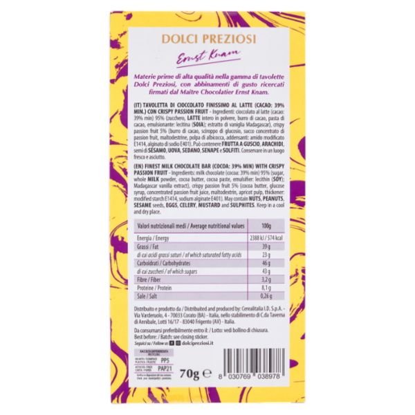 Dolci Preziosi Ernst Knam Tavoletta Cioccolato al Latte con Crispy Passion Fruit 70g