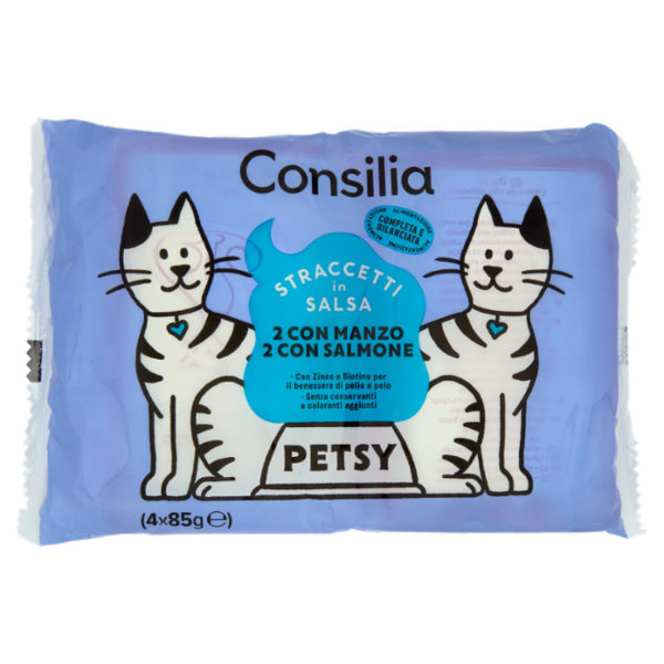 Consilia Petsy Gatto Straccetti in Salsa 2 con Manzo e 2 con Salmone 4x85 g