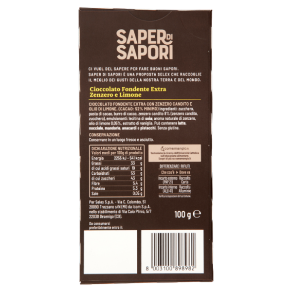 Selex Saper di Sapori Cioccolato Fondente Extra Zenzero e Limone 100 g