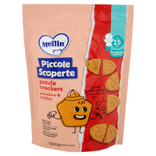 MELLIN Puzzle Crackers, Pomodoro e Basilico, Senza Sale e Zuccheri, adatto dai 15 mesi, 105g
