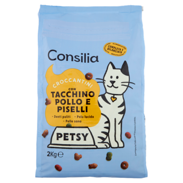 Consilia Petsy Gatto Croccantini con Tacchino, Pollo e Piselli 2 kg