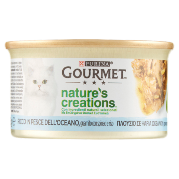 PURINA GOURMET Nature's Creations Ricco in Pesce dell'oceano guarnito con spinaci e riso 85g
