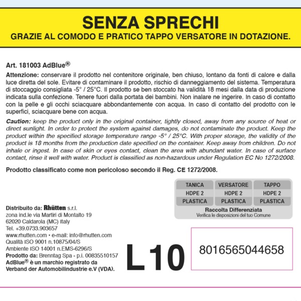 ADBLUE RHUTTEN 10L TAPPO VERSATORE