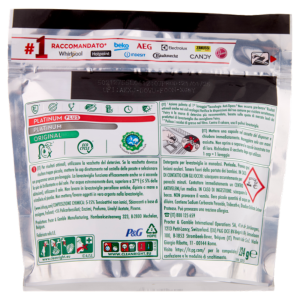 Fairy Pastiglie Lavastoviglie Platinum All in One, Detersivo Piatti Limone, 15 Capsule 224 g